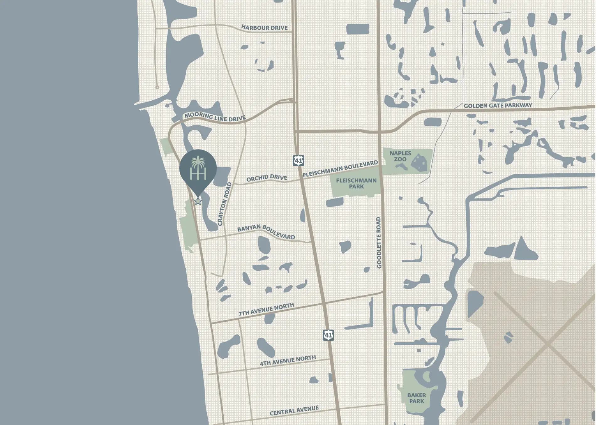 Illustrated map of Naples marking Harbour House on Gulf Shore Boulevard North between the Gulf and Naples Bay