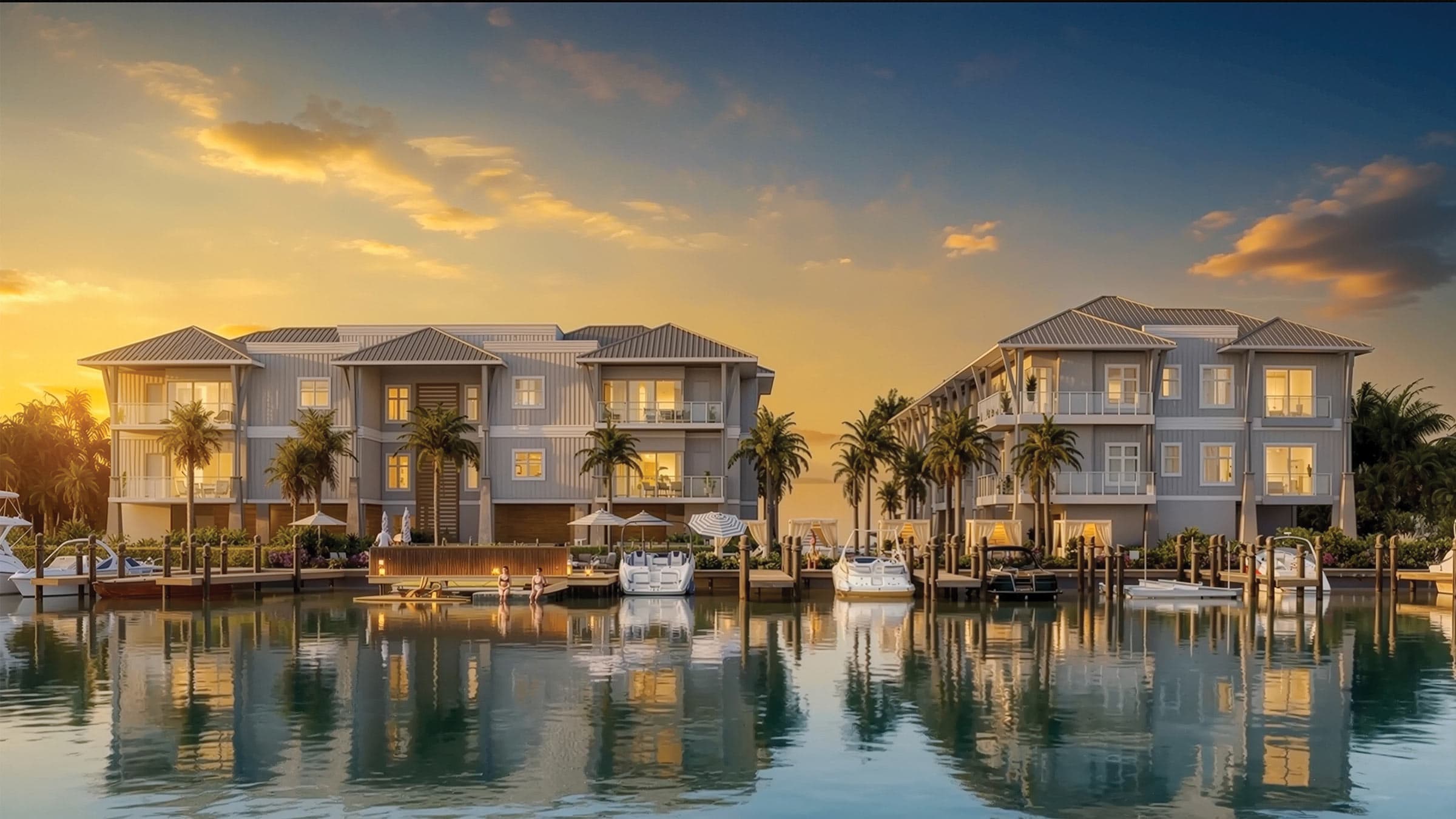 Harbour House residences over Naples Bay at sunset, boats moored along the docks