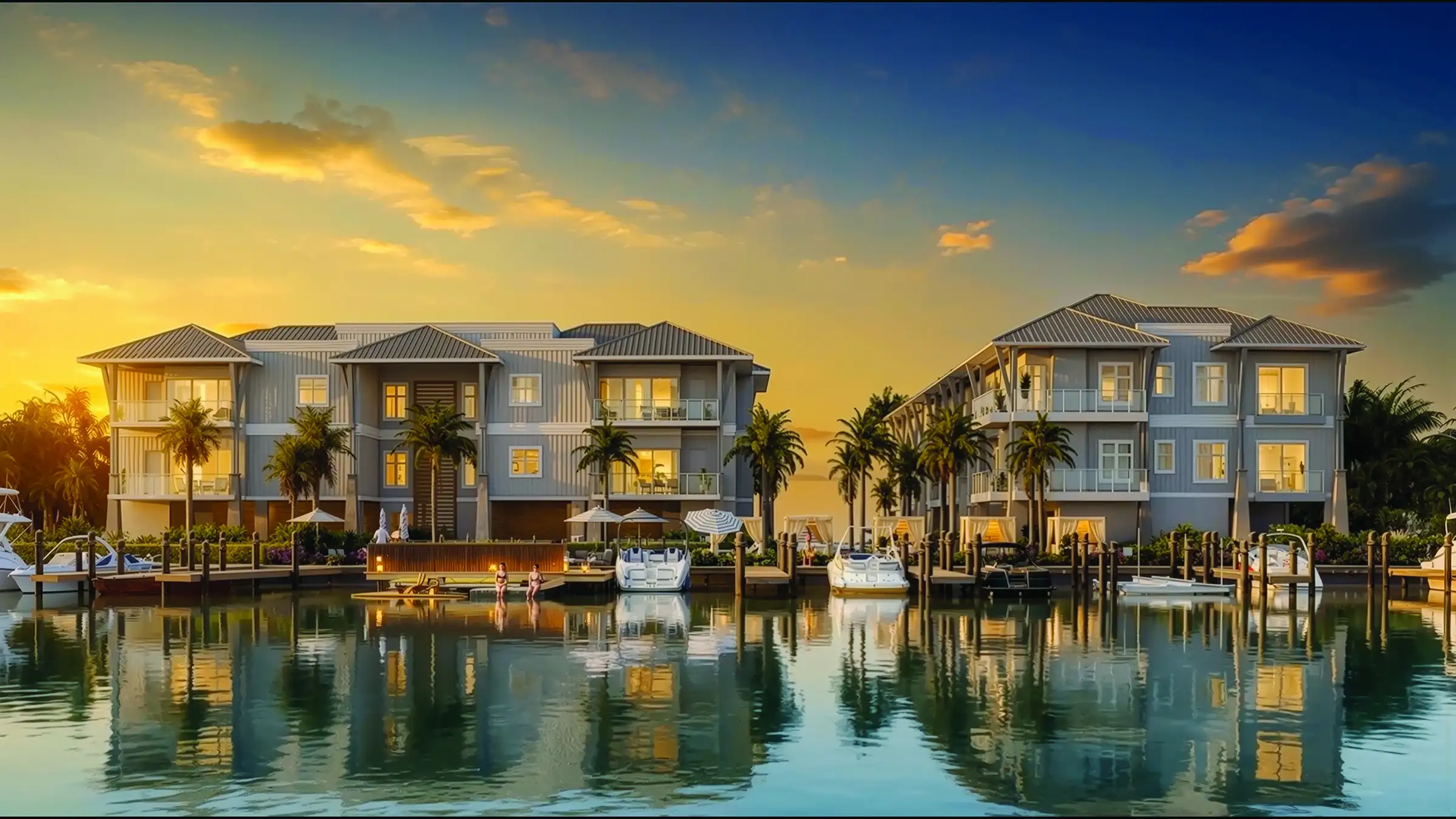 A couple of people walking along the beach near new luxury condos in Naples, FL during sunset