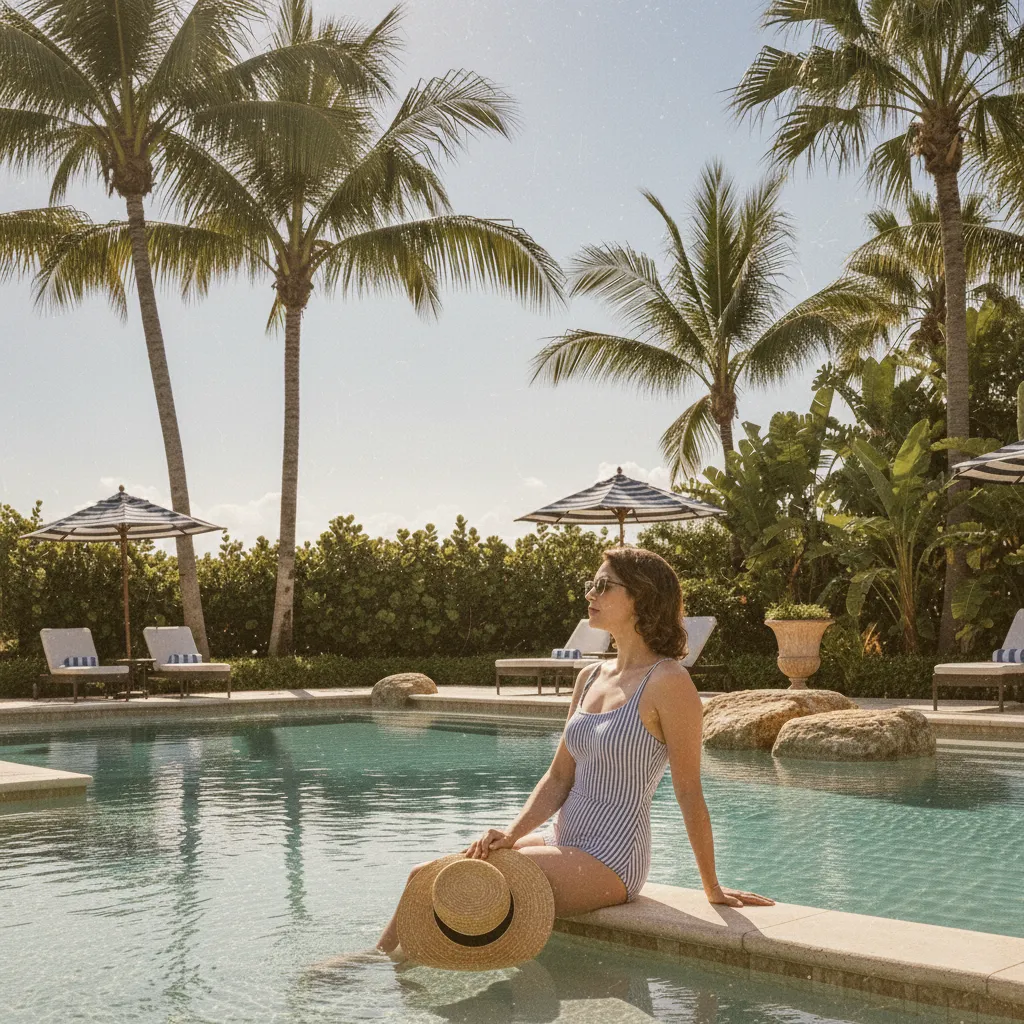 Woman sitting at edge of pool with feet in water